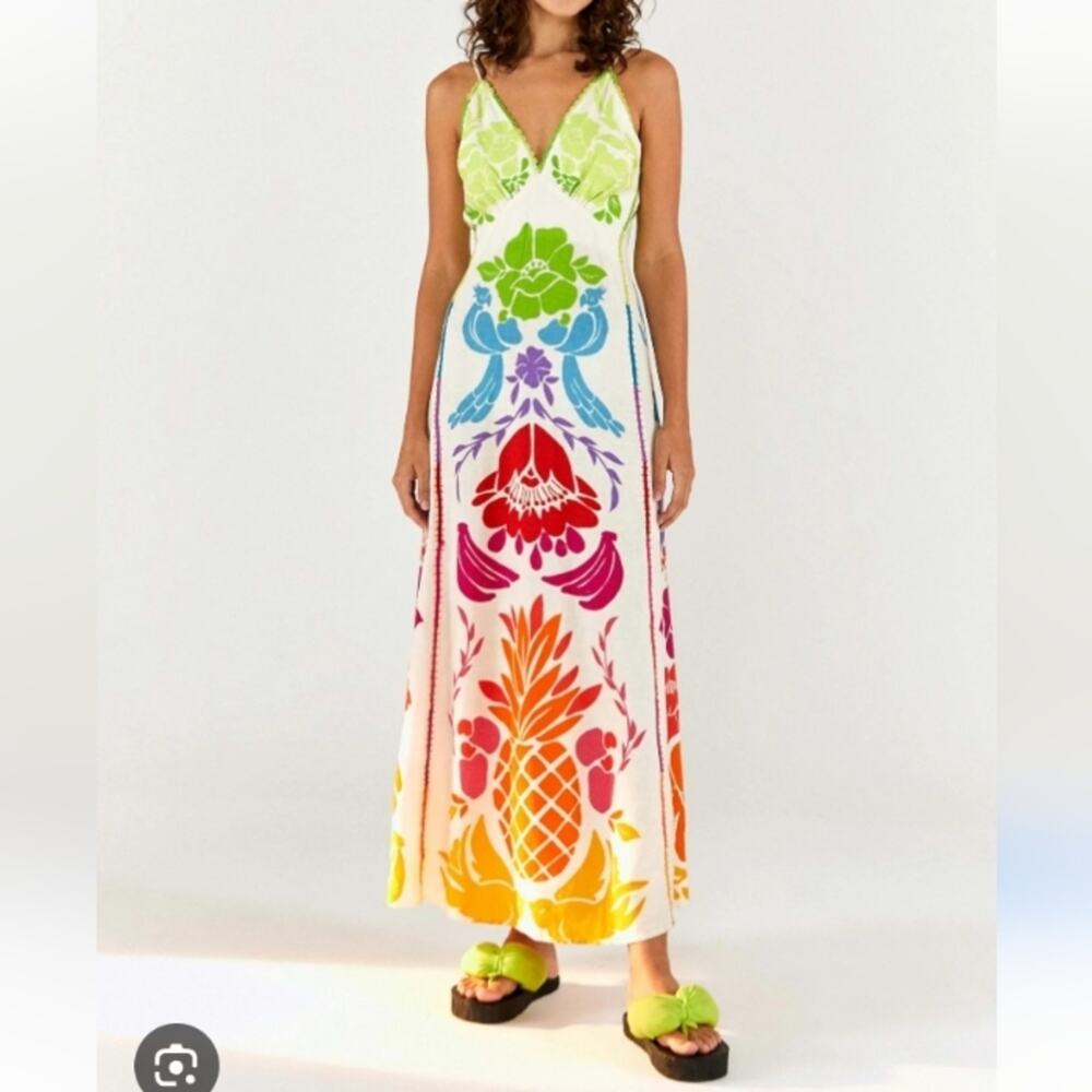 FARM Rio Tropical Graphic Rainbow Crochet Seam Maxi Dress Size S
